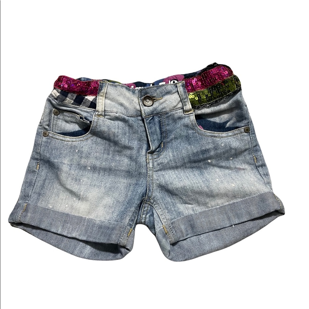 Desigual Denim Girls Sequence and Checkered Shorts Size 7/8